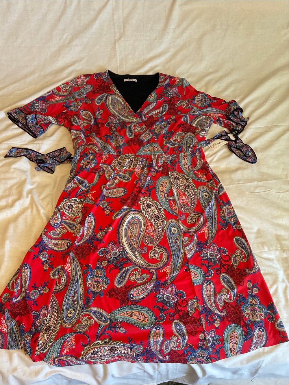Studio One Plus Size 22W Red Paisley Faux Wrap Dress NWT Tie Waist Midi Dress - Picture 4 of 12